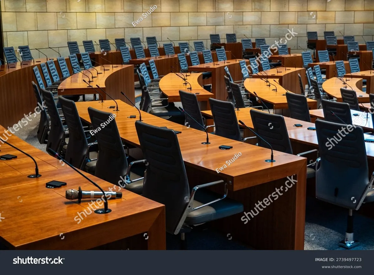 Modern conference hall interior with tiered seating