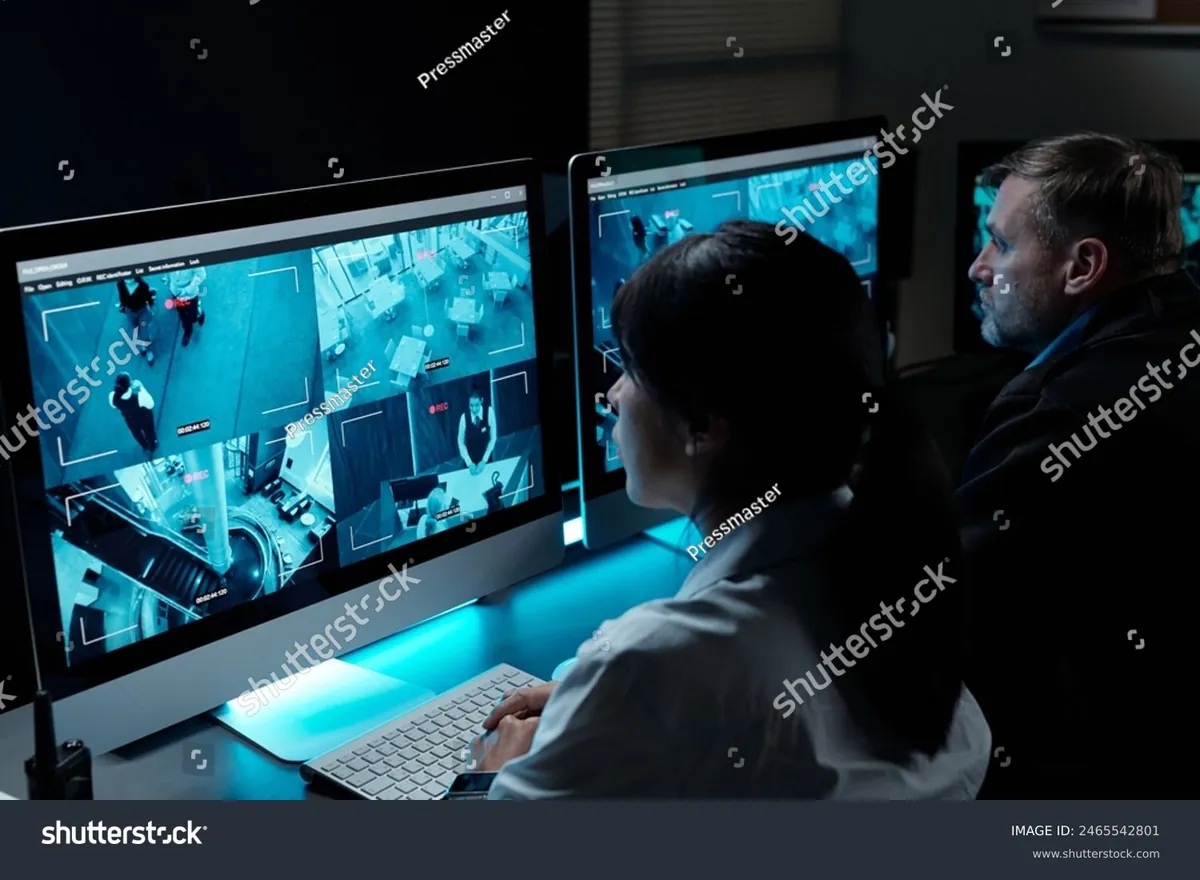 Security operators monitoring CCTV feeds at a workstation